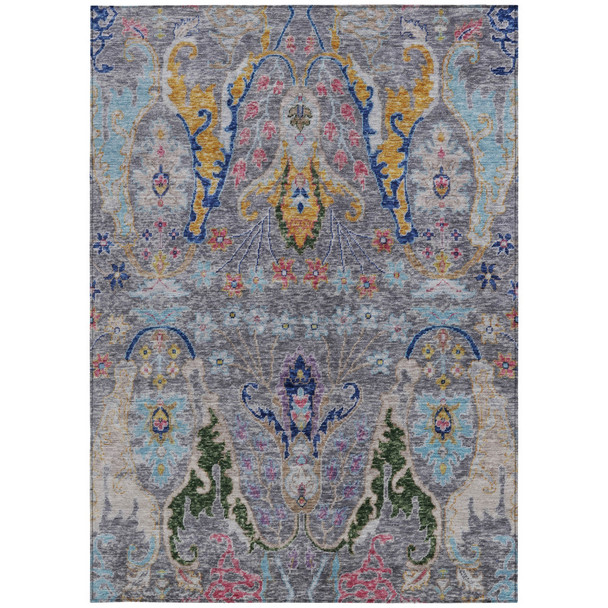 8' X 10' Gray Gold And Navy Blue Floral Washable Indoor Outdoor Area Rug