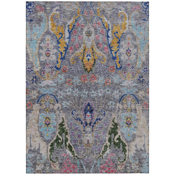 9' X 12' Gray Gold And Navy Blue Floral Washable Indoor Outdoor Area Rug