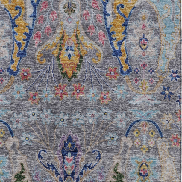 10' X 14' Gray Gold And Navy Blue Floral Washable Indoor Outdoor Area Rug