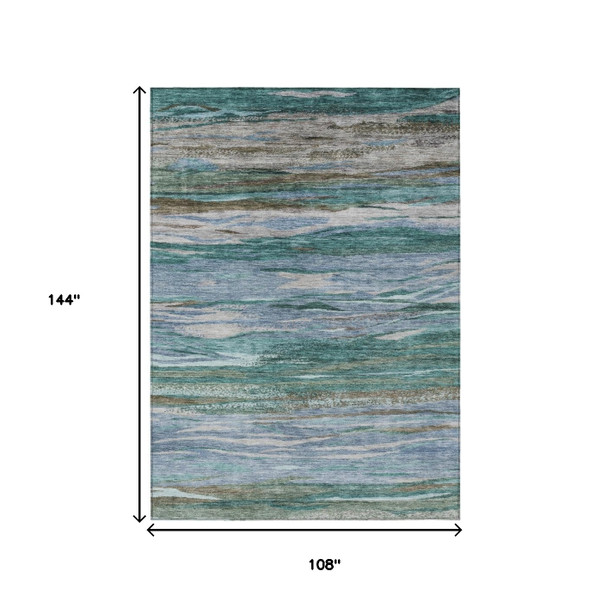 9' X 12' Teal Blue Khaki And Taupe Abstract Washable Indoor Outdoor Area Rug