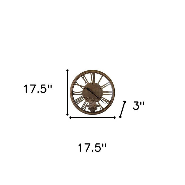 18" Antiqued Gold And Black Metal Silent Skeleton Exposed Gear Round Wall Clock
