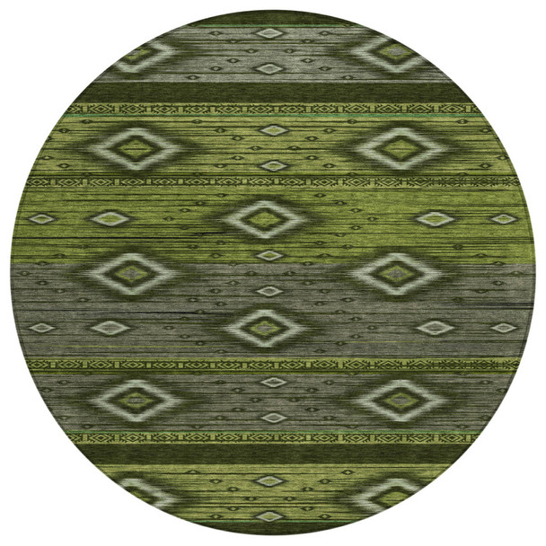 8' Artichoke Green Gray And Fern Green Round Tribal Washable Indoor Outdoor Area Rug