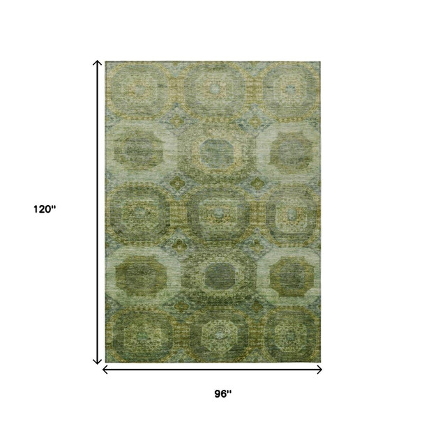 8' X 10' Artichoke Green And Beige Medallion Washable Indoor Outdoor Area Rug