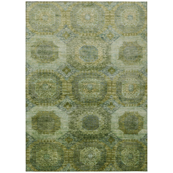 9' X 12' Artichoke Green And Beige Medallion Washable Indoor Outdoor Area Rug