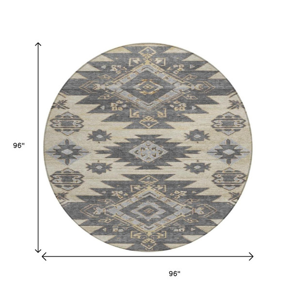 8' Beige And Gray Round Tribal Washable Indoor Outdoor Area Rug
