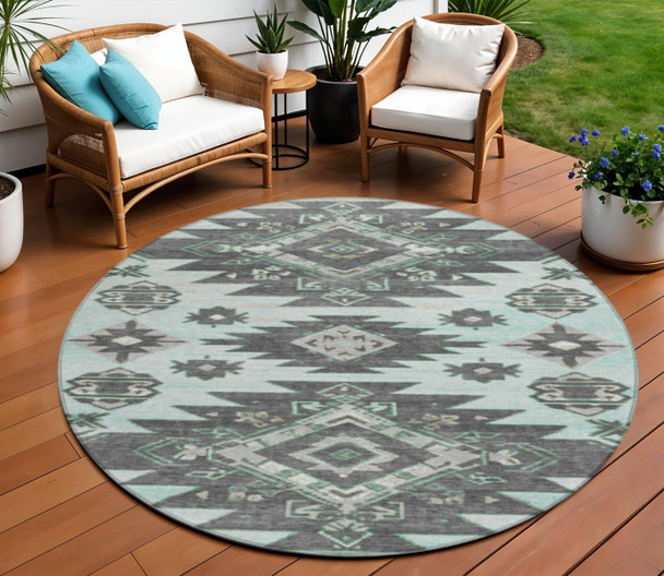 8' Mint Green And Charcoal Round Tribal Washable Indoor Outdoor Area Rug