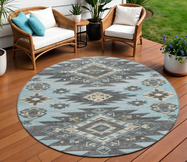 8' Teal Blue And Charcoal Round Tribal Washable Indoor Outdoor Area Rug