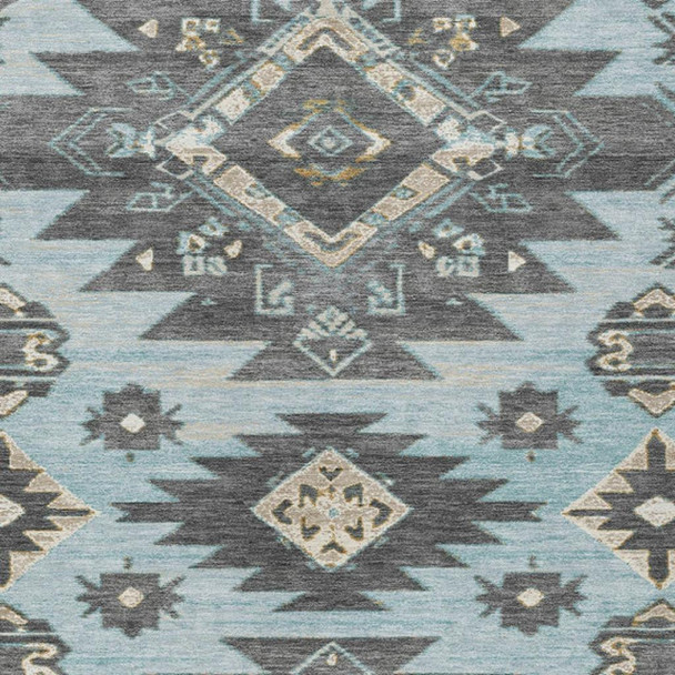 9' X 12' Teal Blue And Charcoal Tribal Washable Indoor Outdoor Area Rug