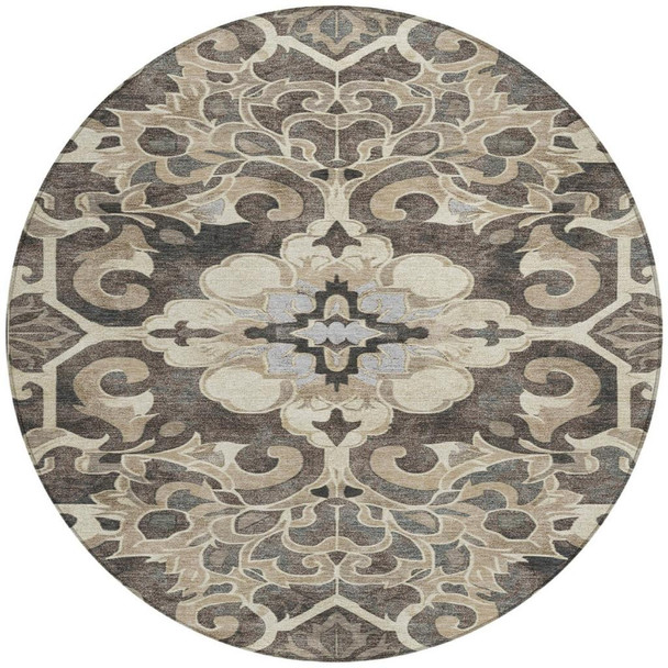 8' Chocolate And Taupe Round Damask Washable Indoor Outdoor Area Rug