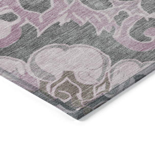 10' X 14' Pink And Charcoal Damask Washable Indoor Outdoor Area Rug