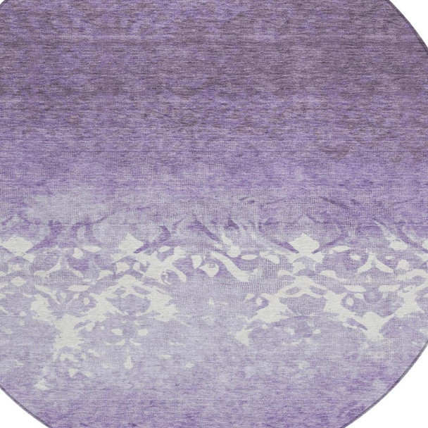 8' Purple And Ivory Round Damask Washable Indoor Outdoor Area Rug