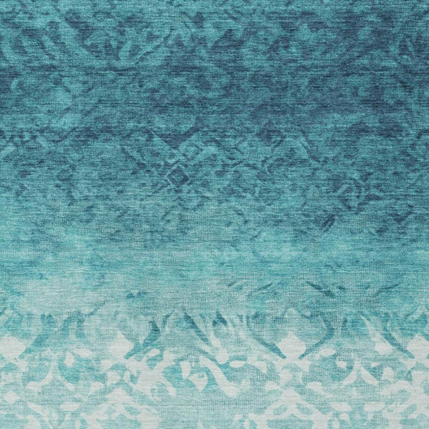 3' X 5' Teal Blue And Ivory Damask Washable Indoor Outdoor Area Rug