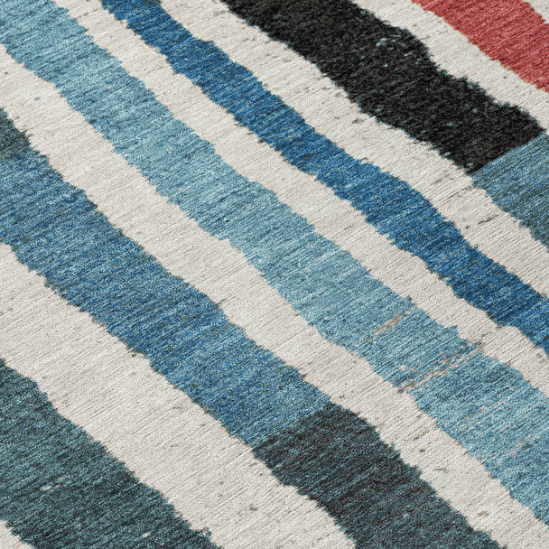 3' X 5' Black Denim Blue And Merlot Striped Washable Indoor Outdoor Area Rug