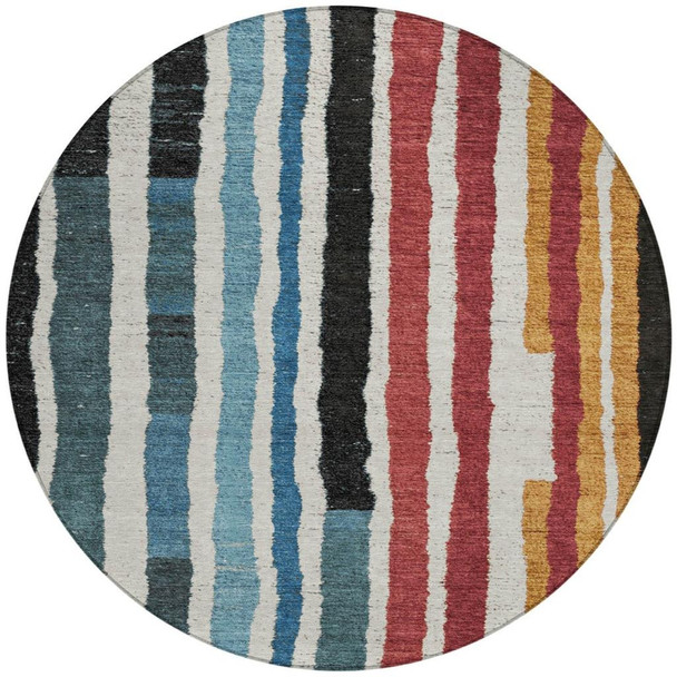 8' Black Denim Blue And Merlot Round Striped Washable Indoor Outdoor Area Rug