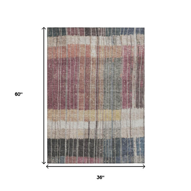 3' X 5' Mauve Blue And Gold Striped Washable Indoor Outdoor Area Rug