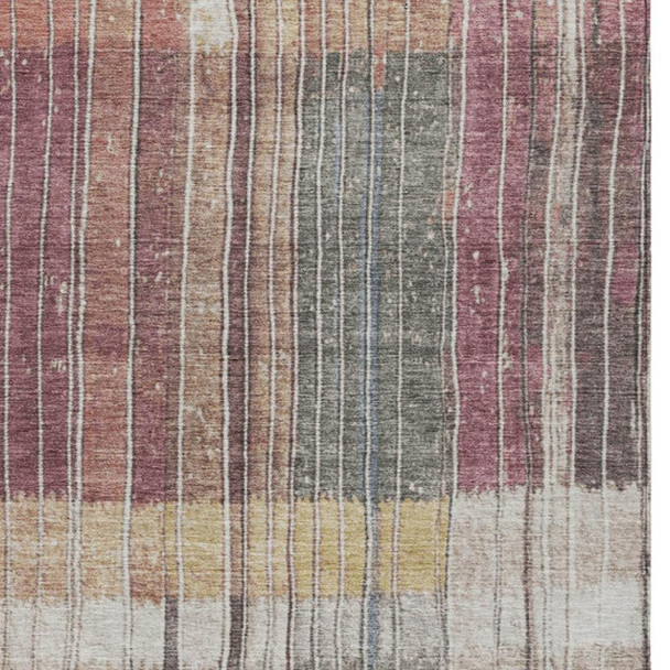 8' X 10' Mauve Blue And Gold Striped Washable Indoor Outdoor Area Rug