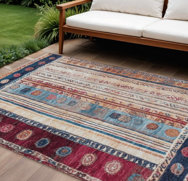 10' X 14' Navy Blue And Merlot Striped Washable Indoor Outdoor Area Rug