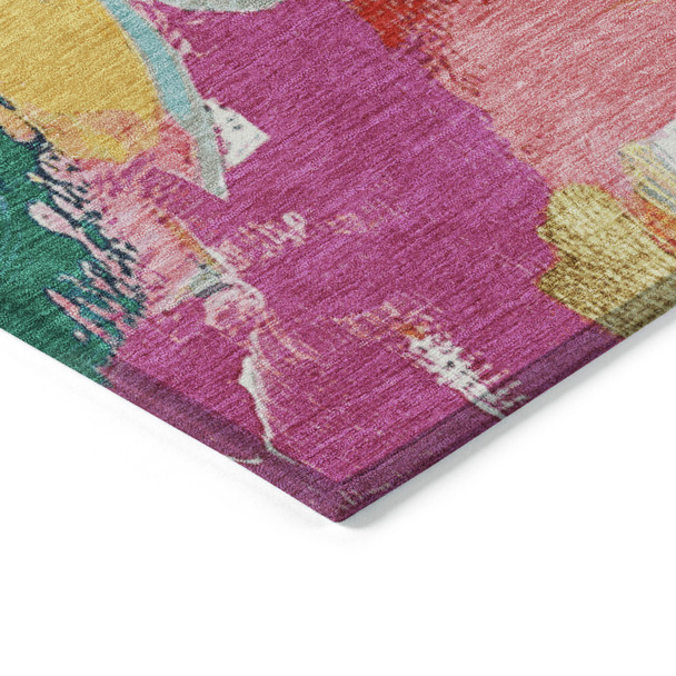 8' Blush Gold And Teal Blue Round Abstract Washable Indoor Outdoor Area Rug