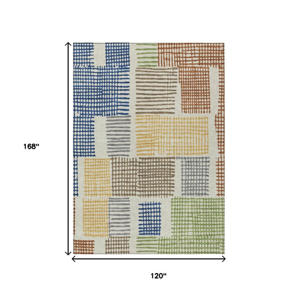 10' X 14' Beige Gold And Blue Geometric Washable Indoor Outdoor Area Rug