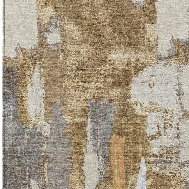 3' X 5' Ivory And Gold Abstract Washable Indoor Outdoor Area Rug