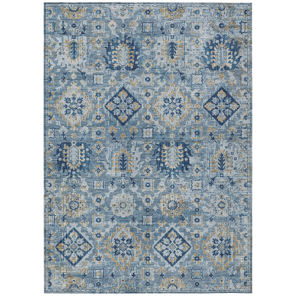 5' X 8' Denim Blue And Gold Floral Medallion Washable Indoor Outdoor Area Rug