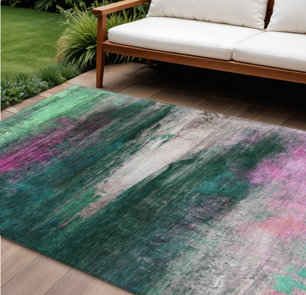 10' X 14' Green Blush And Ivory Abstract Washable Indoor Outdoor Area Rug