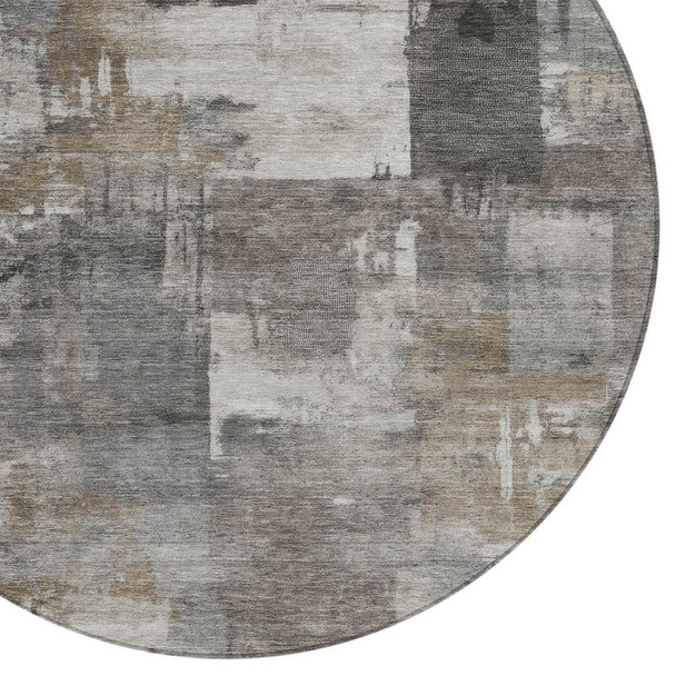 8' Pewter Khaki And Charcoal Round Abstract Washable Indoor Outdoor Area Rug