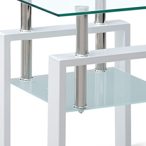 Set of Two Clear and White Glass and Metal Square End Tables With Shelf