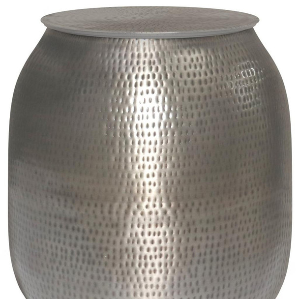 21" Silver Distressed Iron Round Drum End Table And Trunk Storage