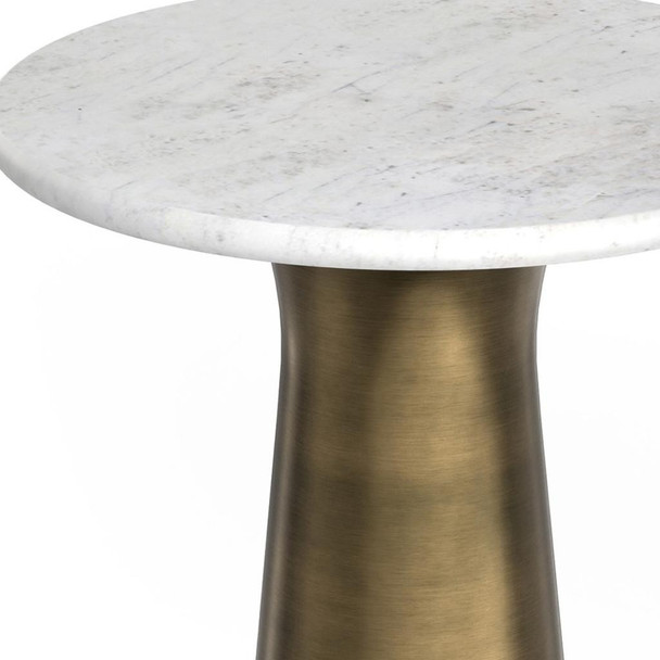 26" Gray White and Antiqued Brass Distressed Marble and Iron Round Pedestal End Table And Trunk Storage