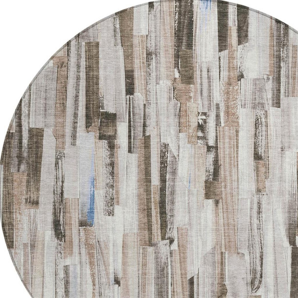 8' Khaki And Ivory Round Striped Washable Indoor Outdoor Area Rug
