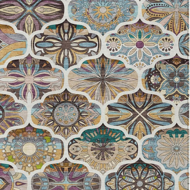 10' X 14' Beige Teal Blue And Copper Quatrefoil Washable Indoor Outdoor Area Rug