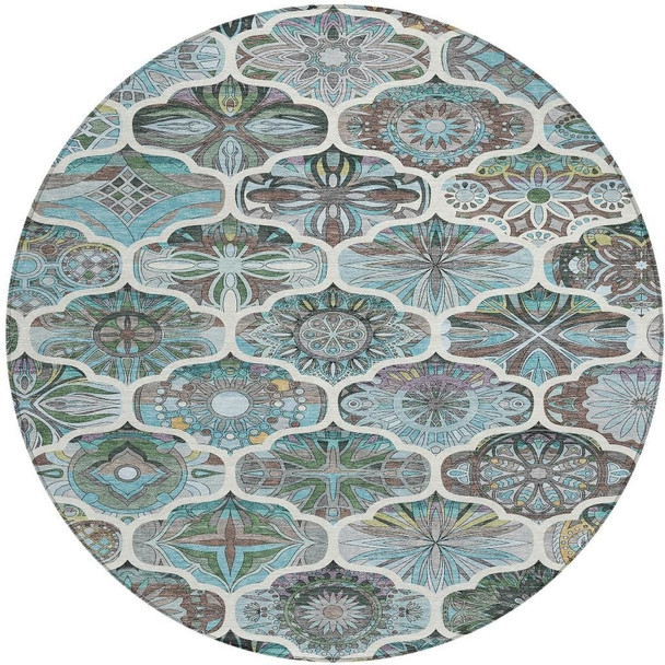 8' Teal Blue And Ivory Round Quatrefoil Washable Indoor Outdoor Area Rug