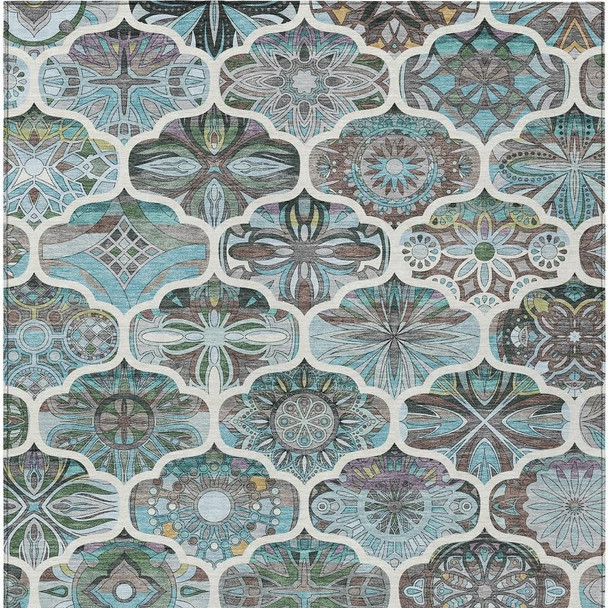 9' X 12' Teal Blue And Ivory Quatrefoil Washable Indoor Outdoor Area Rug