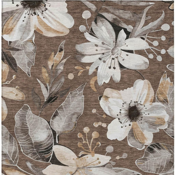 9' X 12' Chocolate Ivory And Wheat Floral Washable Indoor Outdoor Area Rug