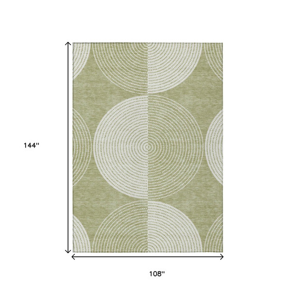 9' X 12' Artichoke Green And Ivory Geometric Washable Indoor Outdoor Area Rug