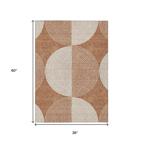3' X 5' Copper And Ivory Geometric Washable Indoor Outdoor Area Rug