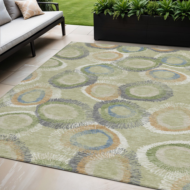 5' X 8' Artichoke Green Ivory And Copper Geometric Washable Indoor Outdoor Area Rug