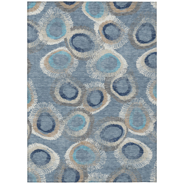 5' X 8' Denim Blue Ivory And Taupe Geometric Washable Indoor Outdoor Area Rug