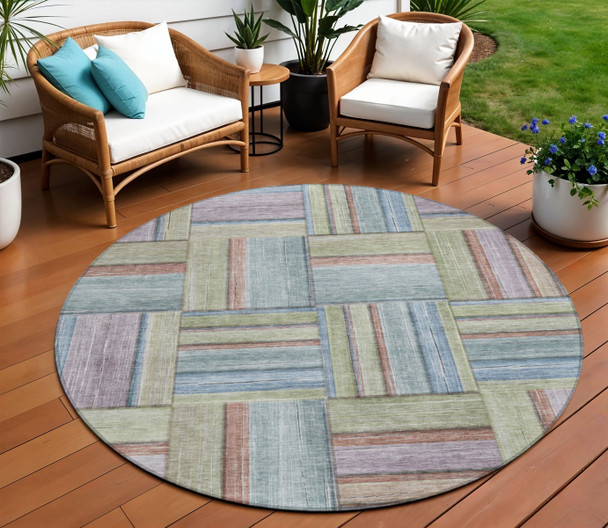 8' Artichoke Green Purple And Blue Round Geometric Washable Indoor Outdoor Area Rug