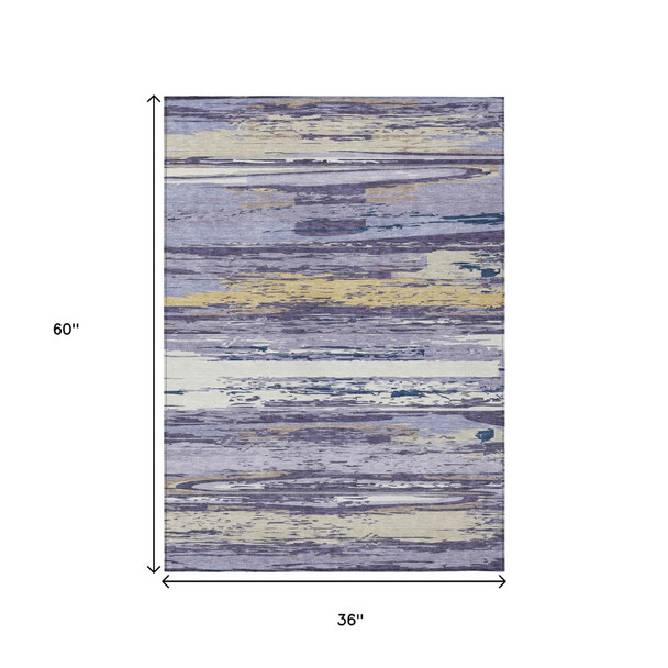 3' X 5' Lavender Ivory And Gold Striped Washable Indoor Outdoor Area Rug