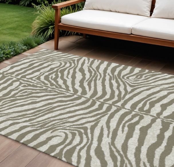8' X 10' Taupe And Ivory Zebra Print Washable Indoor Outdoor Area Rug