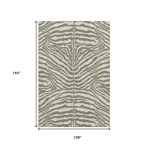 9' X 12' Taupe And Ivory Zebra Print Washable Indoor Outdoor Area Rug