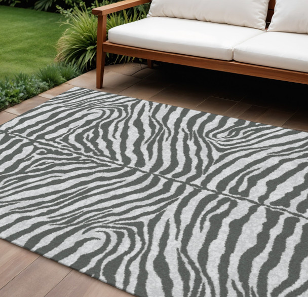 9' X 12' Gray And Black Zebra Print Washable Indoor Outdoor Area Rug