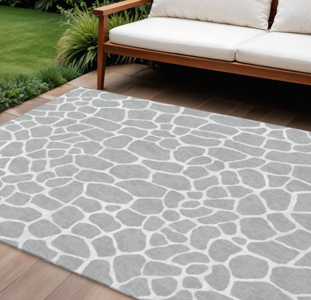 9' X 12' Gray And White Animal Print Washable Indoor Outdoor Area Rug