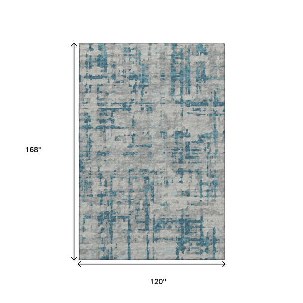 10' X 14' Persian Blue And Gray Abstract Distressed Washable Area Rug With UV Protection