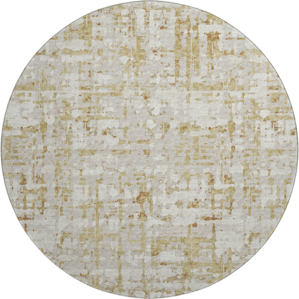 8' Camel And Ivory Abstract Distressed Washable Round Rug With UV Protection