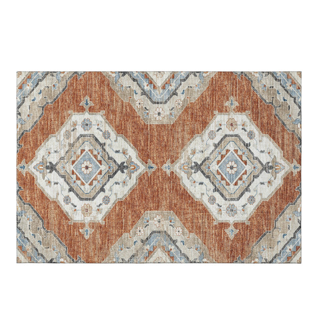 3' X 5' Terra Cotta Ivory And Blue Tribal Distressed Washable Area Rug With UV Protection