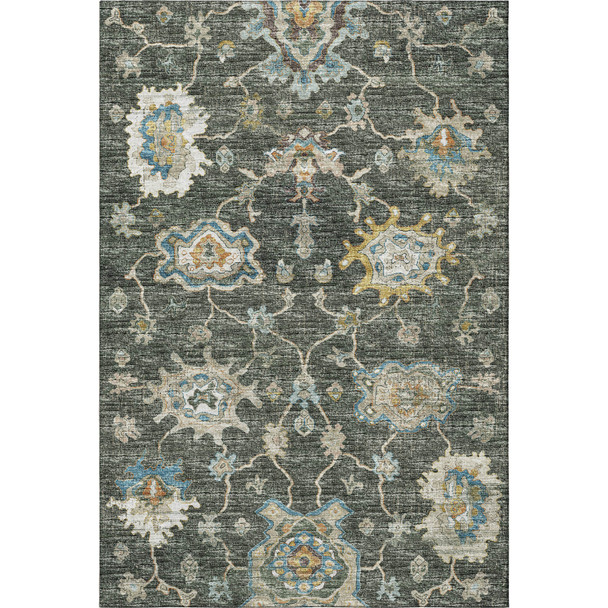 5' X 8' Charcoal Blue And Gold Floral Medallion Distressed Washable Area Rug With UV Protection