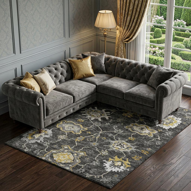 9' X 12' Graphite Ivory And Gold Floral Medallion Distressed Washable Area Rug With UV Protection